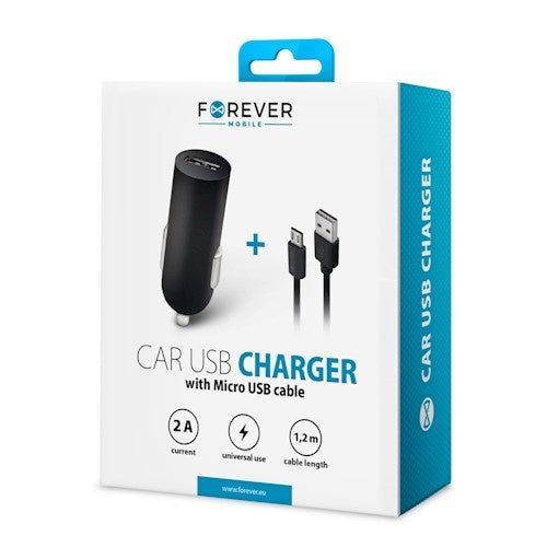 Forever USB Car charger + Micro USB cable, 2A, 1.2m, black