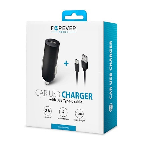 Forever USB Car Charger + USB C Cable, 2A, 1.2m, Black
