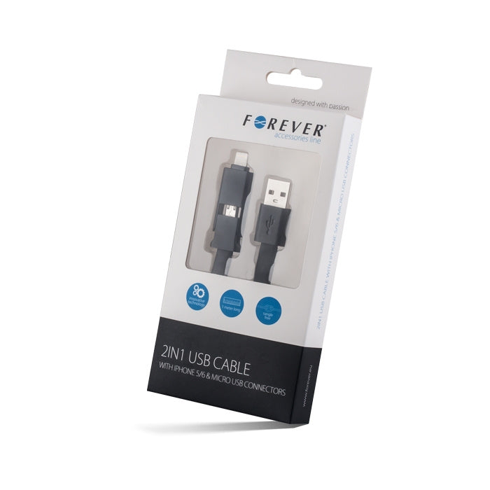 Forever 2in1 USB A to Lightning & Micro USB cable, 1m, black