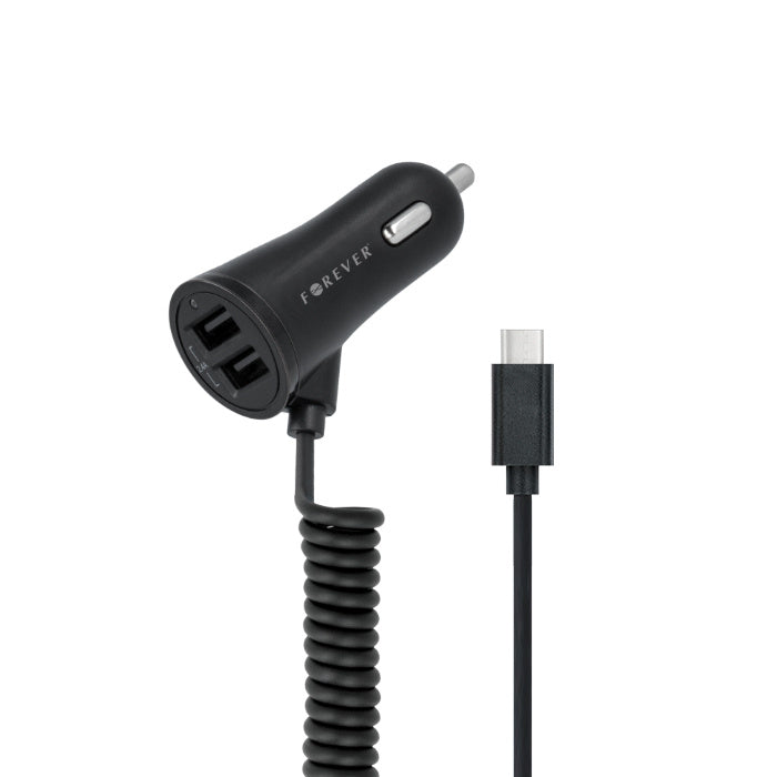 Forever Car charger with USB C cable + 2x USB, 3.4A, 1m, black