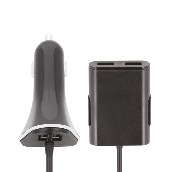 Forever USB Car Charger for Travelers with long cable, 4x USB, black
