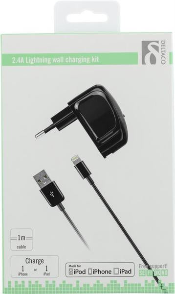 Deltaco Lightning Wall Charging Kit, 2.4A 12W, 1m, musta