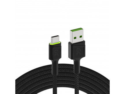 Green Cell Ray LED USB-A to USB-C Cable, 1.2m, QC3.0, Black