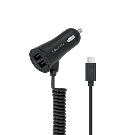 Forever Car Charger with USB C cable + 2x USB, 3.4A, 1m, black
