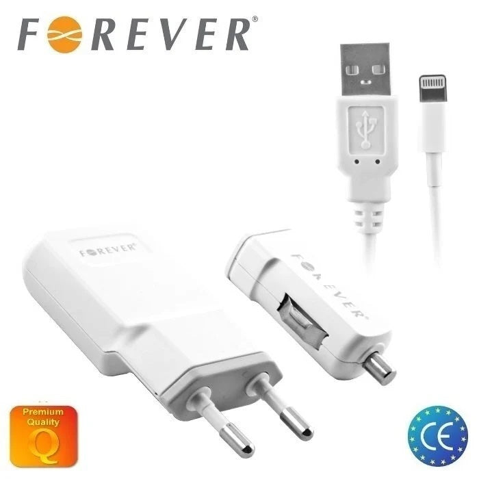 Forever Universal Car Charger 3in1 1A Lightning Charger Set, white