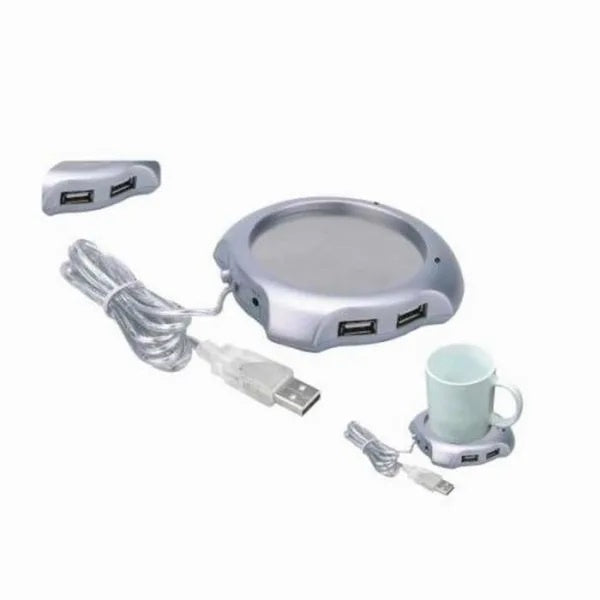 Kahvin/teen kupinlämmitin, 4-porttinen USB-keskitin, Silver