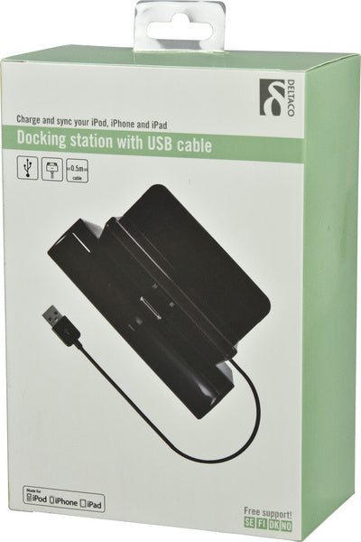 DELTACO telakka, sopii iPod, iPhone ja iPad, USB 0,5m- musta