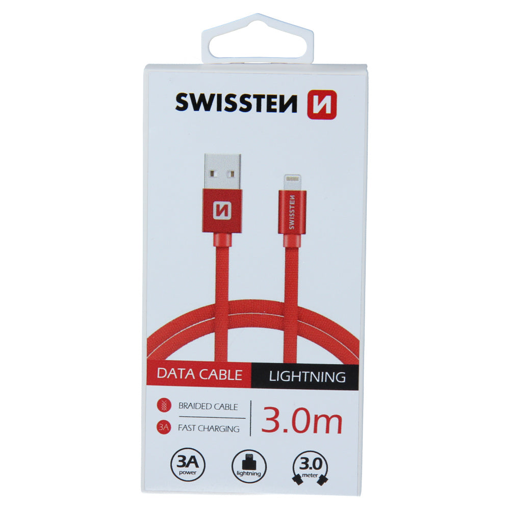 Swissten Braided USB Lightning cable, 3m, red