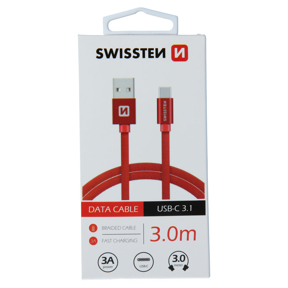 Swissten Tekstiili USB C kaapeli, 3m, punainen