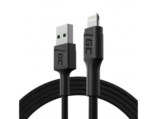 Green Cell Ray LED USB-A to Lightning Cable, 1.2m, 2.4A, black