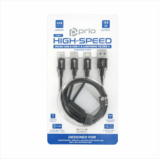 prio High-Speed 3in1 Micro USB & USB-C & Lightning Kaapeli 2m