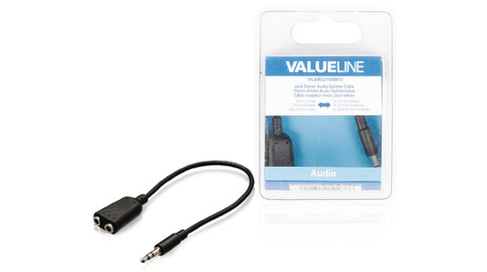 Valueline kuulokejakaja, 3.5 mm uros - 2x3.5 mm naaras, 20CM