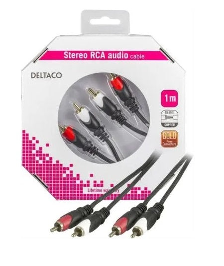 DELTACO Stereo RCA Audiokaapeli, 2xRCA uros-2xRCA uros, 1M Musta